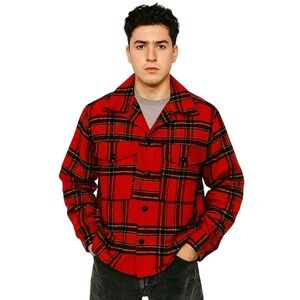 PENDLETON 70s VTG Shacket Red Plaid‎ Wool Jacket Made in USA Button-Up Overshirt